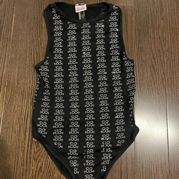 Zara X Barbie Rhinestone Barbie Logo Black Bodysuit - Picture 1 of 5